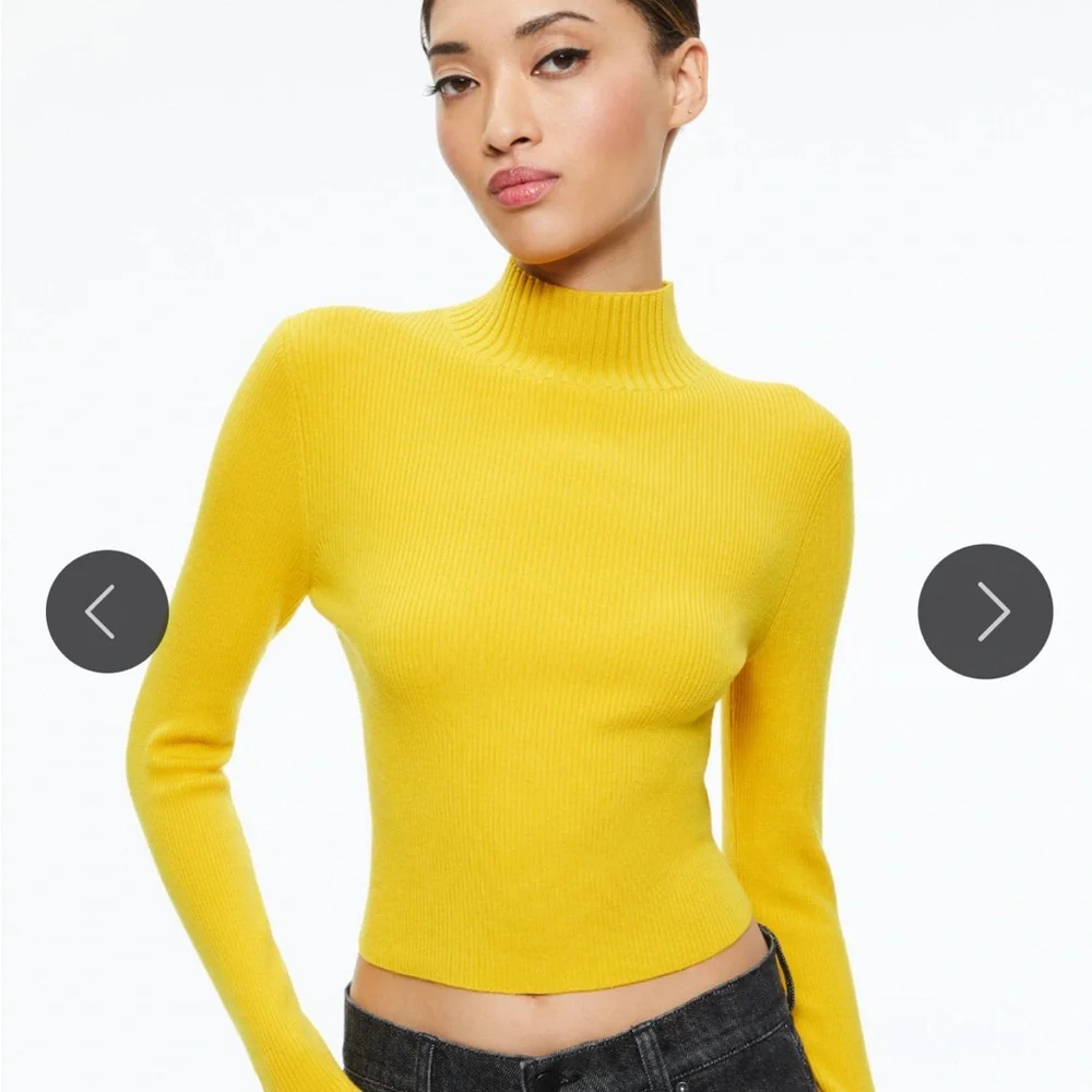 Alice + Olivia Senaida Cropped Mock Neck Jewel Tone Yellow Ribbed Sweater- Sz M - Picture 6 of 7